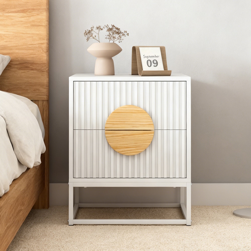 Modern Mid Century Fluted Nightstand With 2 Drawers And Pine Wood Handles For Bedroom_voghion.com